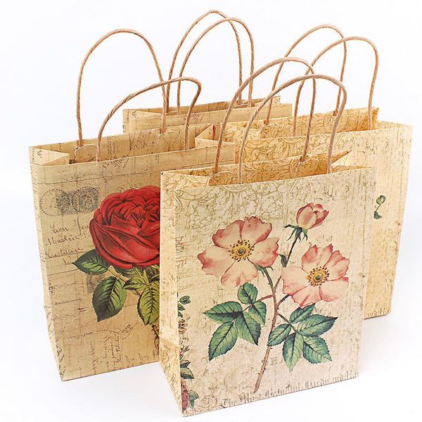 Emballage cadeau taille sac en papier Kraft sacs de fête de luxe avec poignées à motif Rose butin recyclable 100 pcs/lot cadeau