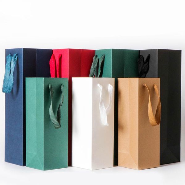 Envoltura de regalo Bolsa de papel de vino sólido con caja de embalaje de cinta de nailon Paquete de portador de aceite portátil de botella doble individual Regalo