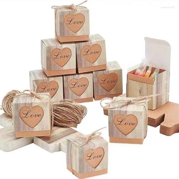 Emballage cadeau carré papier Kraft boîte à bonbons avec corde faveur de mariage dentelle chocolat pour anniversaire bébé douche fête Pakcing décor