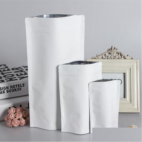 Cadeau Wrap Stand Up Papier Kraft Blanc Sac en papier d'aluminium Zipper Doy Pack Emballage Pochette Alimentaire Thé Snack Sacs refermables En Gros Lz05 Dhmhu