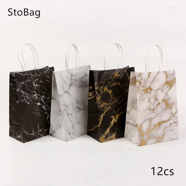 Regalos envolventes stobag 12pcs kraft papel mármol creative tote bolso empaquetado al por mayor bocadillos de chocolate compras para decoración