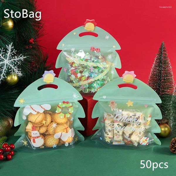 Envoltura de regalo StoBag 50 unids Decoración navideña Bolsa de asas de dibujos animados Bocadillo Embalaje autosellante Caramelo Galletas de chocolate Suministro Hogar Fiesta para niños