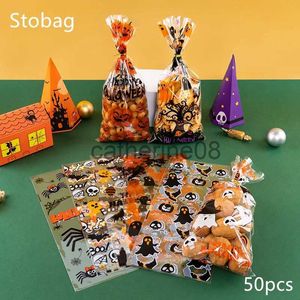 Envoltura de regalo StoBag 50 unids Halloween Bolsas de regalo de plástico Caramelo Chocolate Galleta Pan Pastel Snack Comida Galletas Embalaje Niños Niños Fiesta x1007