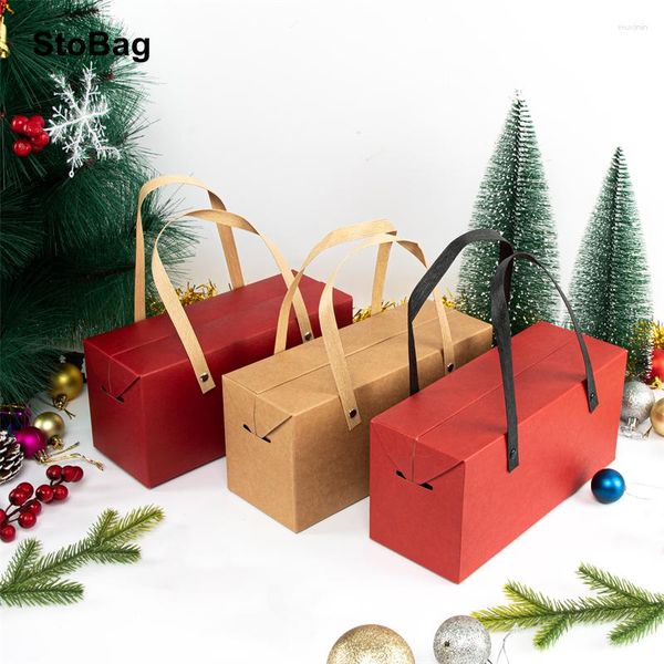 Envoltura de regalo StoBag 5 unids Caja de papel con mango rojo / kraft Cajas de embalaje del año chino Galletas de fiesta Favores de decoración de chocolate hechos a mano