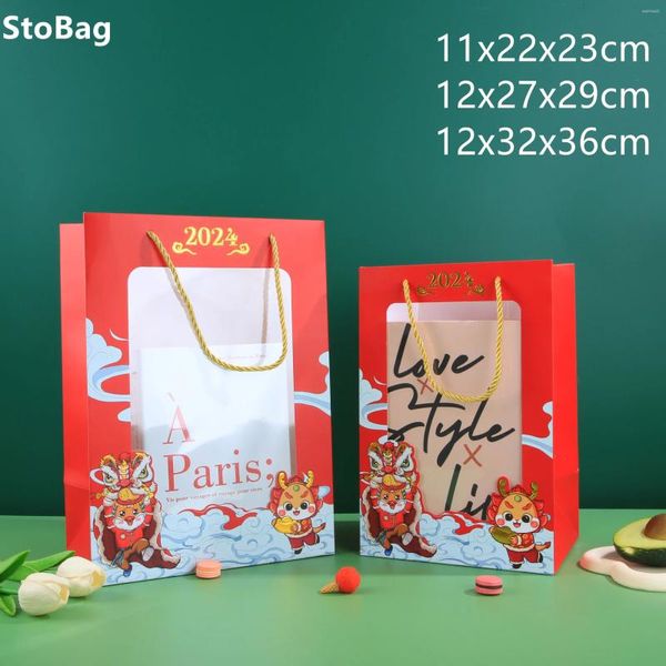 Cadeau Wrap Stobag Année de la fenêtre Dragon Sacs fourre-tout Transparent Festival Candy Toy Fruit Pochette en gros Sac en papier festif rouge Wish