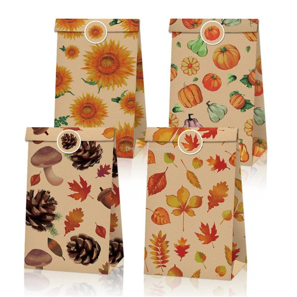 Envoltura de regalo Papel de acción de gracias Bolsa de favor Bolsas temáticas de otoño con 18 pegatinas Otoño Goodie Candy envuelto para decoraciones de cumpleaños Sup Amgf0