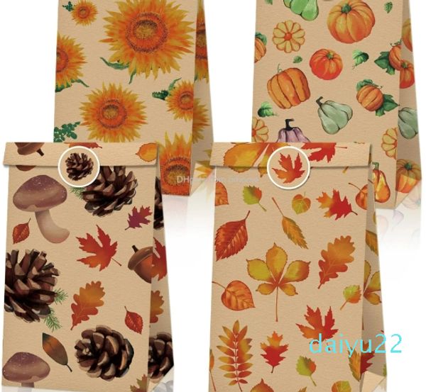 Cadeau cadeau Thanksgiving Paper Party Favor Sac Sacs à thème d'automne avec autocollants Automne Goodie Candy enveloppé pour les décorations d'anniversaire Sup Amgf0