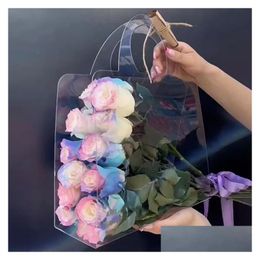 Emballage cadeau Sac bouquet de fleurs transparentes avec poignée de sac à main frais Contatiner Emballage de mariage Box rose 231009 Drop de Homefavor Dhbqy