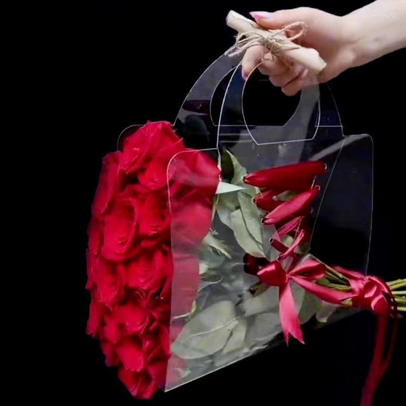 Gift Wrap Transparent Flower Box With Handle Portable Packing Bags Contatiner Handbag Wedding Rose Wrapping Party