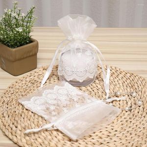 Cadeau cadeau sac en maille transparente sacs et boîtes fournitures de festival bijoux en dentelle broderie fil de neige 12pcs poche de cordon blanc