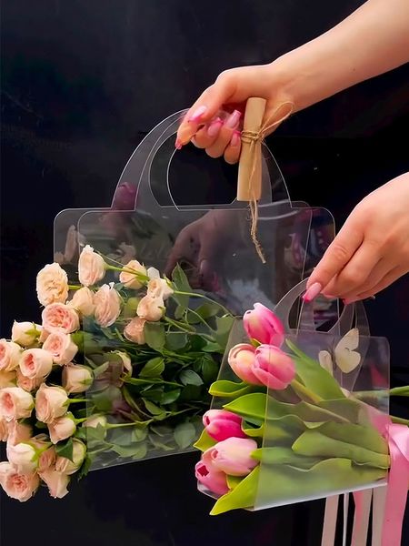 Emballage cadeau Transparent PET Bouquet de fleurs fraîches de fleurs Emballage Sac à main Festivals Floriculture Package Cadeau de fête Sacs portables en plastique 230829