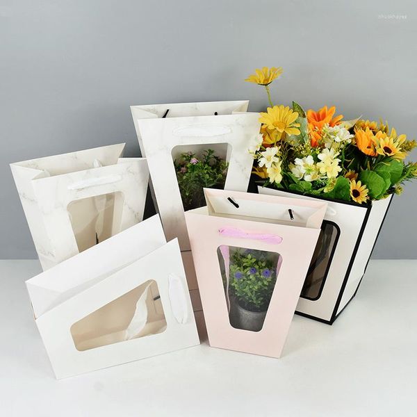 Bolsas de caja de flores portátiles con forma Trapezoidal de papel de regalo con ventana transparente, bolsa de embalaje de Chocolate, galletas, dulces, suministros de floristería