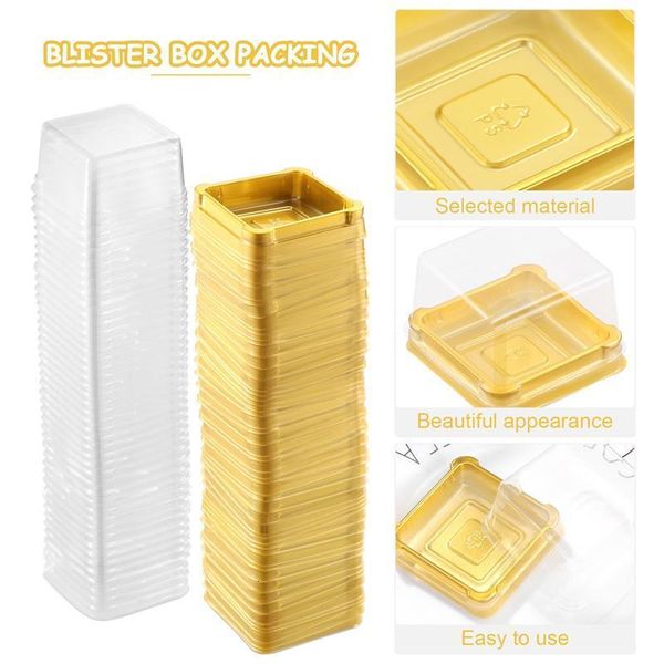 Emballage cadeau UPKOCH 50pcs boîtes à gâteaux carrées en plastique jaune d'oeuf bouffée conteneur doré boîte d'emballage Blister carré jaune d'oeuf boîte à pâtisserie 230613