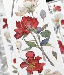 Geschenkwikkeling Vintage Big Red White Floral Achtergrond Glanzende Washi Pet Tape voor kaart Make Diy Scrapbooking Decoratieve sticker