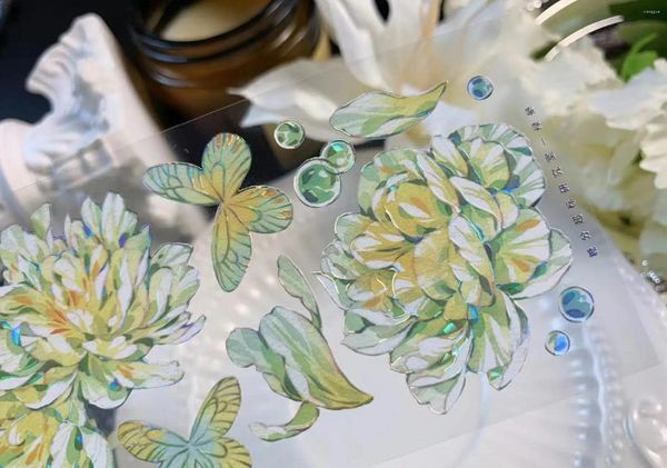 Envoltura de regalo Vintage Green Peony Butterfly Washi PET Cinta para hacer tarjetas Decoración DIY Scrapbooking Plan Pegatinas
