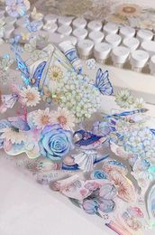 Envoltura de regalo Vintage Hortensia Mariposa Azul Rosa Brillante Washi PET Cinta para planificador Tarjeta Haciendo DIY Scrapbooking Plan Etiqueta decorativa