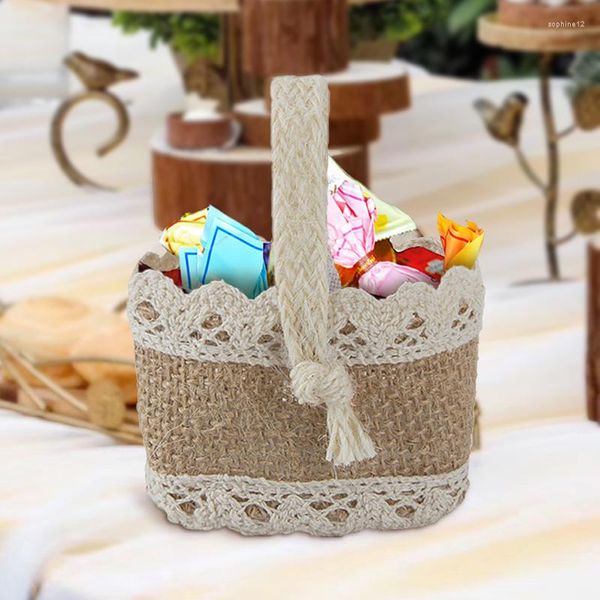 Emballage cadeau Vintage mariage dentelle toile de jute fleur panier lin poignée rustique événement Table décoration bébé douche fête bonbons sacs