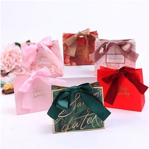 Emballage Cadeau Sac De Bonbons De Mariage Avec Ruban 11.4X10X4.5Cm Papier Kraft Blanc Merci Faveurs De Fête Et Drop Delivery Home Garden Festive Dh7Rm