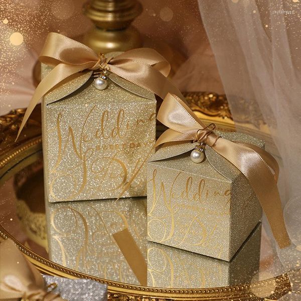 Caja de dulces de boda de regalos Exquisito brillo polvo de cáscara de perlas de perla empaquetado de placas de arco de perla favores de alta calidad