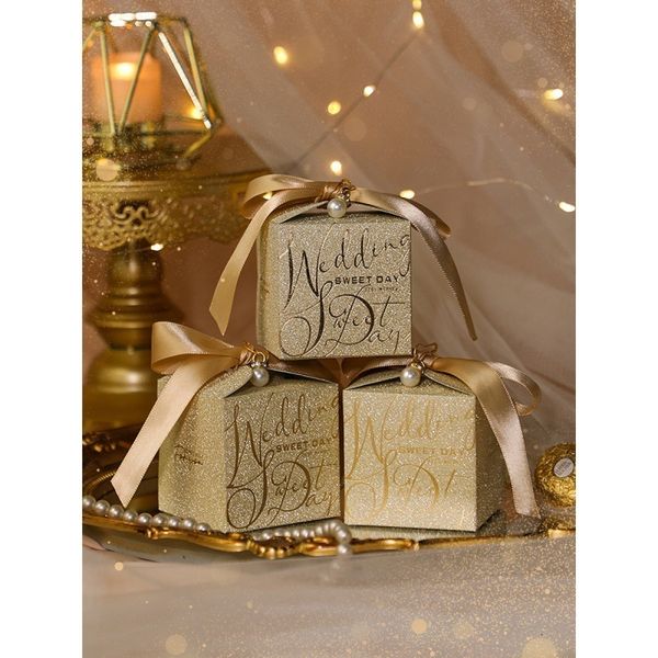 Emballage cadeau Boîte de bonbons de mariage avec ruban de perles Bow Chocolat haut de gamme Coquille de poudre de paillettes de haute qualité 230209