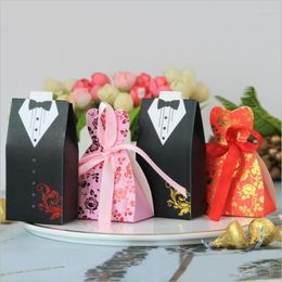 Envoltura de regalo Favor de boda Caja de dulces Novia Novio Vestido Fiesta de esmoquin con cinta Regalos Bolsa Recuerdos DIY Favores Suministros de papel