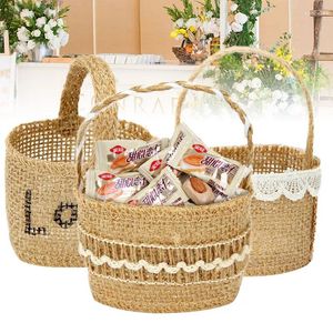 Geschenkwikkeling Bruiloft Kant Lace Bloemmand Linnen Handgreep Vintage Country Tafel Decoratie Baby Shower Party Candy Bag