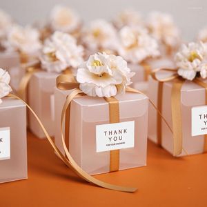 Emballage cadeau mariage boîte en PVC Transparent pour sac d'invité ruban de fleurs artificielles Souvenir dragées mat baptême