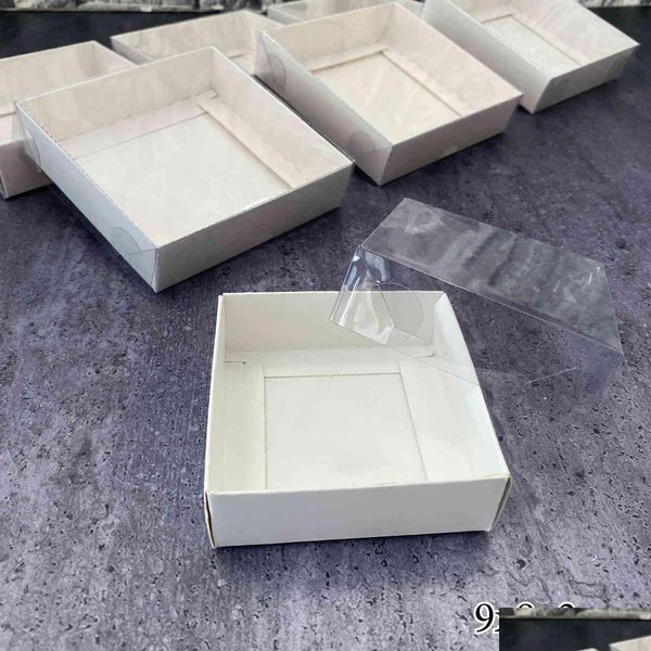 Envoltura de regalo Pastel blanco Caja de regalo Embalaje de cartón Ventana de PVC transparente Tapa transparente Galleta Caramelo Ropa de boda Vestido Invitados Cajas 210 Dhrg1