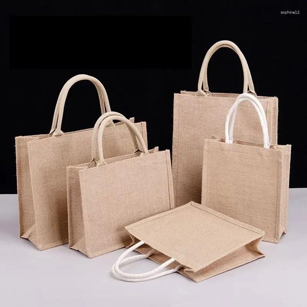 Cadeau cadeau en gros 100pcs / lot personnalisé jute lin mode naturel écologique réutilisable portable grand fourre-tout sacs à main de plage