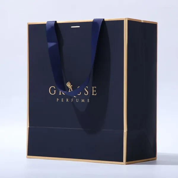 Malazos de envoltura de regalos 500 piezas/lote logo personalizado bolso de papel color azul de compras de lujo bolsas para paquetes con mango de cinta