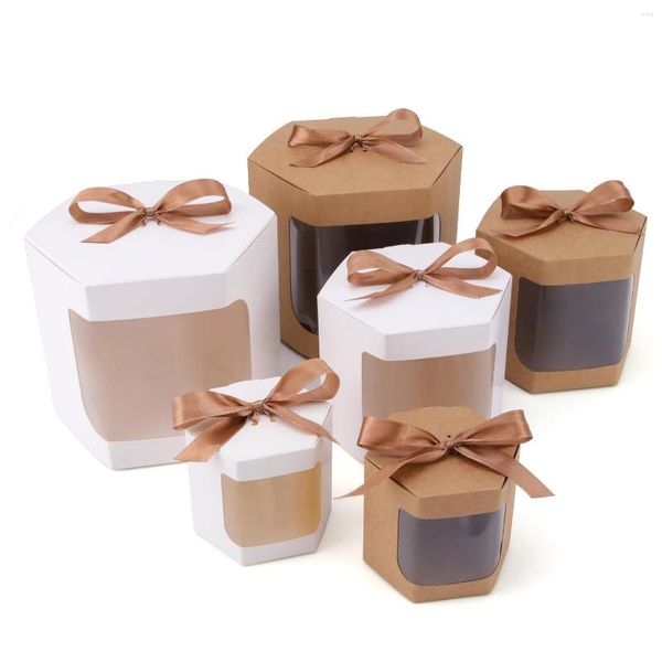 Emballage cadeau fenêtre ouverture Carton blanc noir papier Kraft forme hexagonale boîte à bonbons fête Support personnalisation