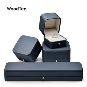 Cadeau cadeau Woodten Blue PU Cuir Bague Boîte Pendentif Bracelet Bijoux Organisateur personnalisé pour la proposition de mariage Organisateurs de mariage