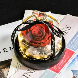 Cadeaux pour filles Fleurs éternelles dans le coeur Glass Dome avec LED Light Forever Preserved Rose Wedding Gift for Mom Women Petert