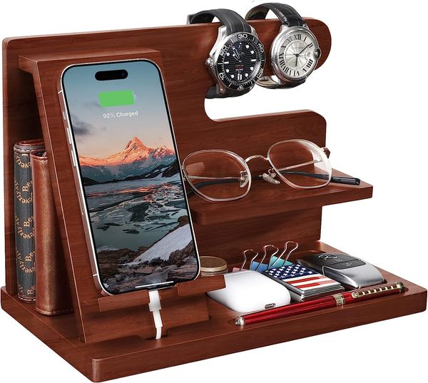 Cadeaux pour hommes Station d'accueil pour téléphone en bois Cadeaux pour lui Mari Table de nuit Organisateur Support de téléphone portable Support de montre Portefeuille Station Bureau Porte-clés