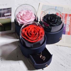 Regalos para mamá, caja de joyería de rosa eterna, caja de almacenamiento de anillo de flores preservadas con collar, regalo de novia de amor para siempre para mujer 220505