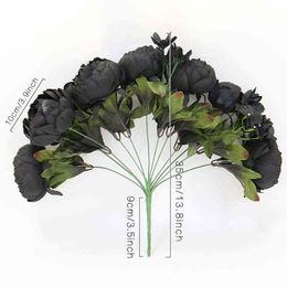 Geschenken voor vrouwen 12 hoofden Black Peony Hydrangea Rose kunstmatige bloemboeket Home Decor Diy bruiloft Flower Wall Materialen Foto Props Groothandel