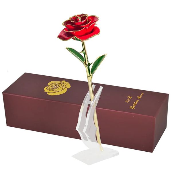 Cadeaux pour femmes Rose trempée en or 24 carats avec support Fleurs éternelles Amour éternel dans une boîte Cadeau de mariage pour petite amie pour elle 240117