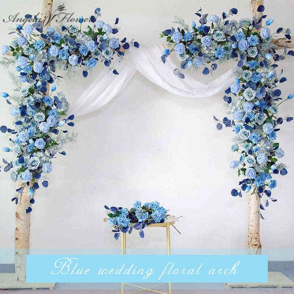 Cadeaux pour les femmes Custom Wedding Props Arch Backdrop Party Event Décor Artificielle Fleur Rangée Soie Bleu Blanc Pelouse Extérieure Faux Arrangement De Fleurs Y211229