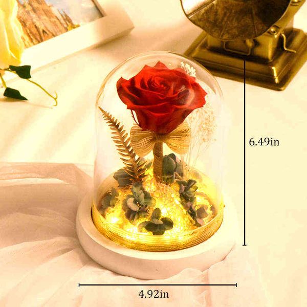 Cadeaux pour femmes Rose éternelle rouge dans un dôme en verre, lumière LED, fleurs artificielles, plantes, veilleuse, lampe de table, cadeaux de fête des mères pour fête de mariage