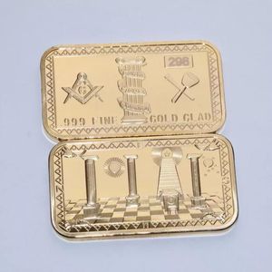 Geschenken Goud vergulde vrijmetselaars Masonische uitdaging Coin Golden Bar 3D -ontwerp met case cover.cx