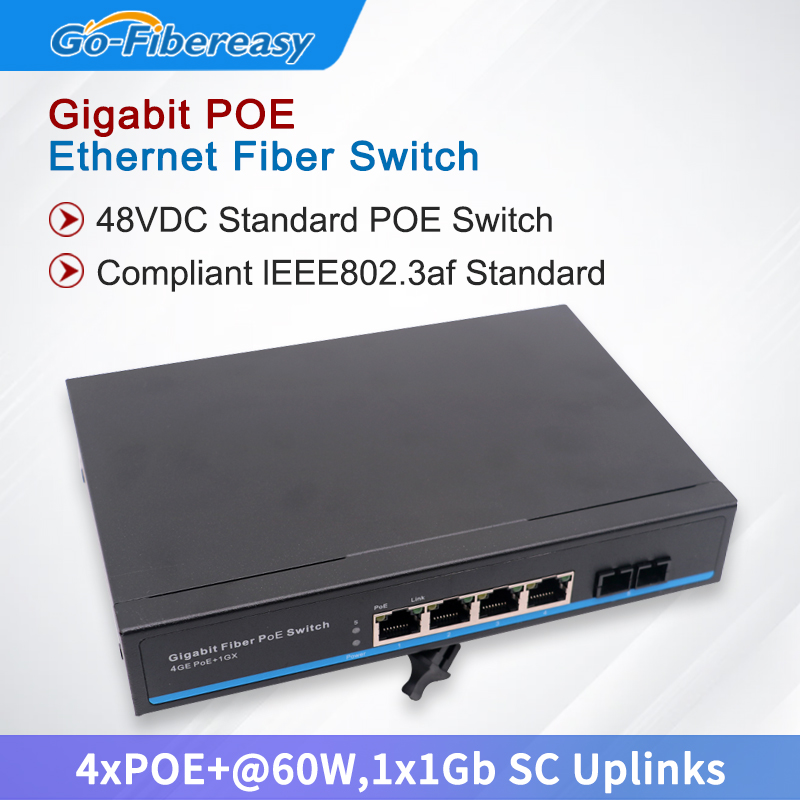 Gigabit Poe Ethernet Fiber Switch 1000Mbps 4xPoe 1x1GB SC Uplinks Poe optische media -converter 48vdc Standaard POE -schakelaar