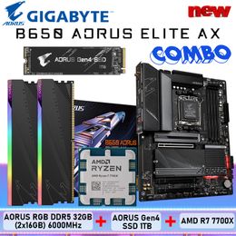 Gigabyte Set B650 AORUS ELITE AX AM5 Placa base AMD Ryzen 7 7700X CPU AORUS RGB DDR5 32GB (2x16GB) 6000MHz Gen4 SSD 1TB