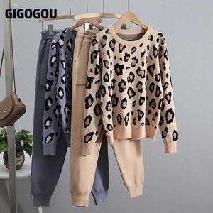 GIGOGOU, conjuntos de otoño de punto de leopardo para mujer, conjunto de 2 piezas de manga larga, chándal para mujer, pantalones bombachos con cordón, trajes de pantalón 210930