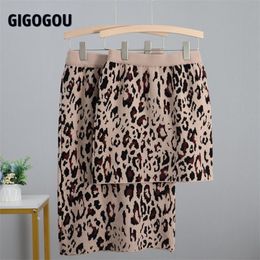 Gigogou herfst winter luipaard lange gebreide rechte rok hoge taille vrouwen gebreide rokken elegante vrouwelijke midi koker rok bodycon 210306