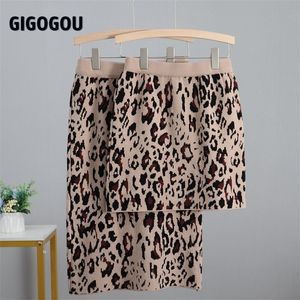 Gigogou Automne Winter Leopard Long Tricot Straight Jupe haute taille Femmes tricotées jupes élégantes Femelle Midi Crayon Bodycon 210306