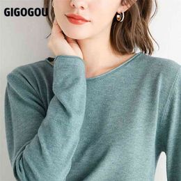 GIGOGOU rizado cuello redondo Mujer suéter básico sólido pulóveres Top otoño primavera moda coreana jerséis De punto Chic Sueters De Mujer 210805