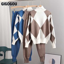 Gigogou geomatric brei 2 stuk sets vrouwen trui trainingspakken herfst turtleneck truien top + gebreide harembroek pakken jas 211126