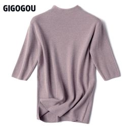 Gigogou half mouw vrouwen turtleneck trui herfst lente pullover top zachte vrouwelijke jumper zwart wit strakke truien trekken femme 210812