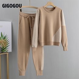 GIGOGOU pied de poule tricot 2 pièces ensemble survêtements automne hiver femmes pull pull + carotte sarouel sport costume femme 220315