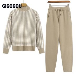 Gigogou Houndstooth Knit Dames Trui Kostuum Dikke Turtleneck Winter Oversized Casual Losse Pullover Sweaters 2 Stuks Sets 210918